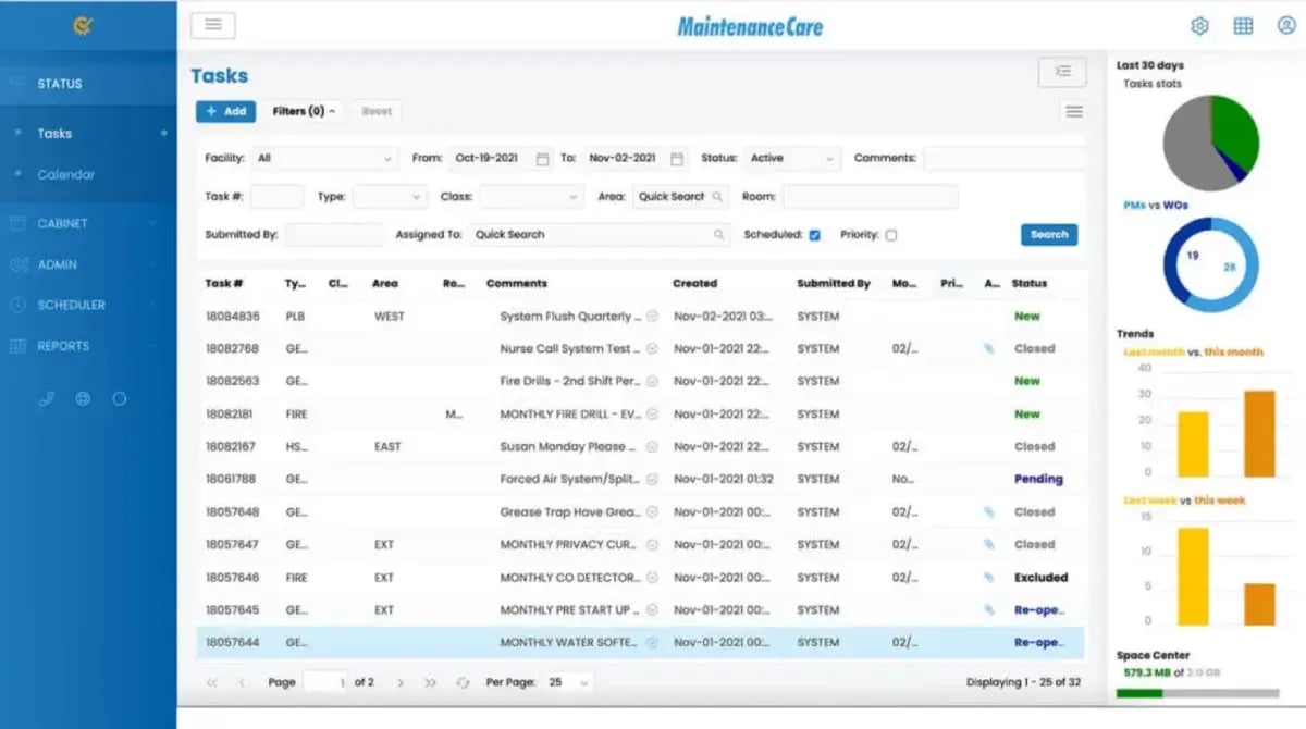 image of the Maintenance Care maintenance management interface