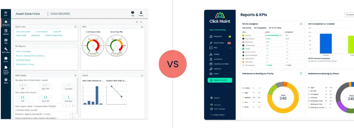 side by side comparison of brightly reporting interface and click maint reporting interface