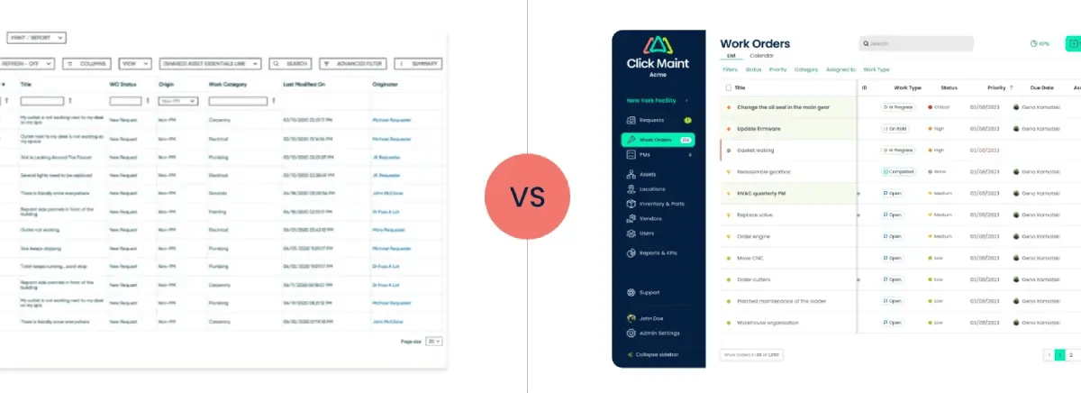 side by side comparison of click maint work order interface and brightly work order interface