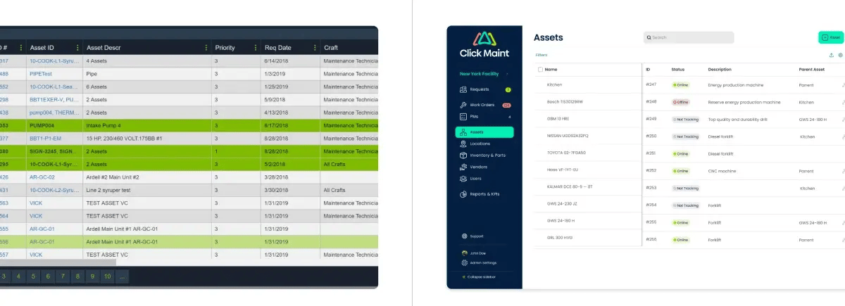 side by side comparison of llumin asset management interface and click maint asset management interface