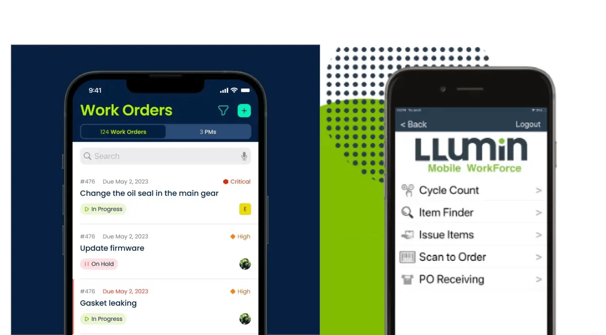 side by side comparison of llumin mobile interface and click maint mobile interface