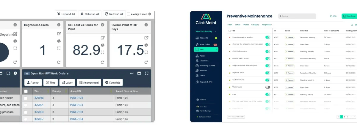 side by side comparison of llumin preventive maintenance interface and click maint preventive maintenance interface