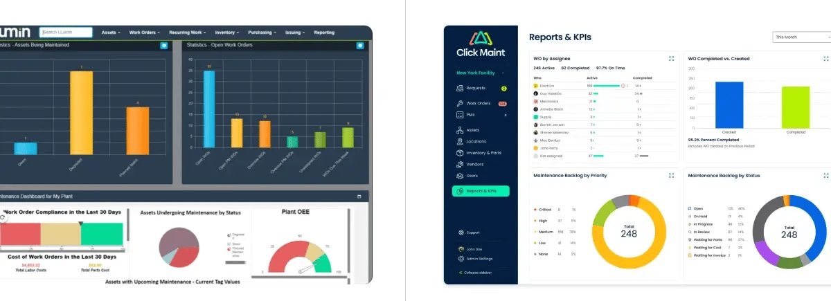 side-by-side-comparison-of-llumin-reports-and-kpi-interface-and-click-maint-reports-and-kpi-interface