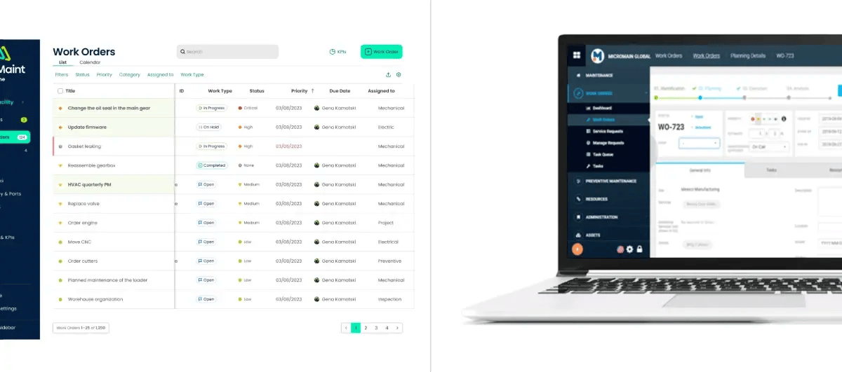 side by side comparison of click maint work order interface and micromain work order interface