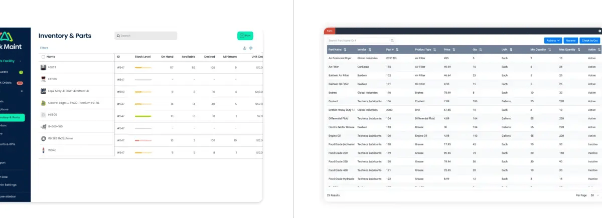 side by side comparison of click maint inventory maintenance interface and redlist inventory maintenance interface