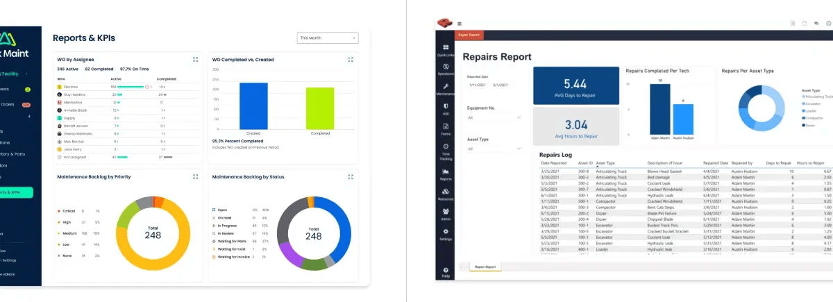 side by side comparison of click maint reports and kpi interface and redlist reporting interface