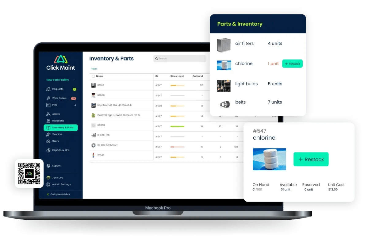 image showing the inventory and parts management interface of the cmms software