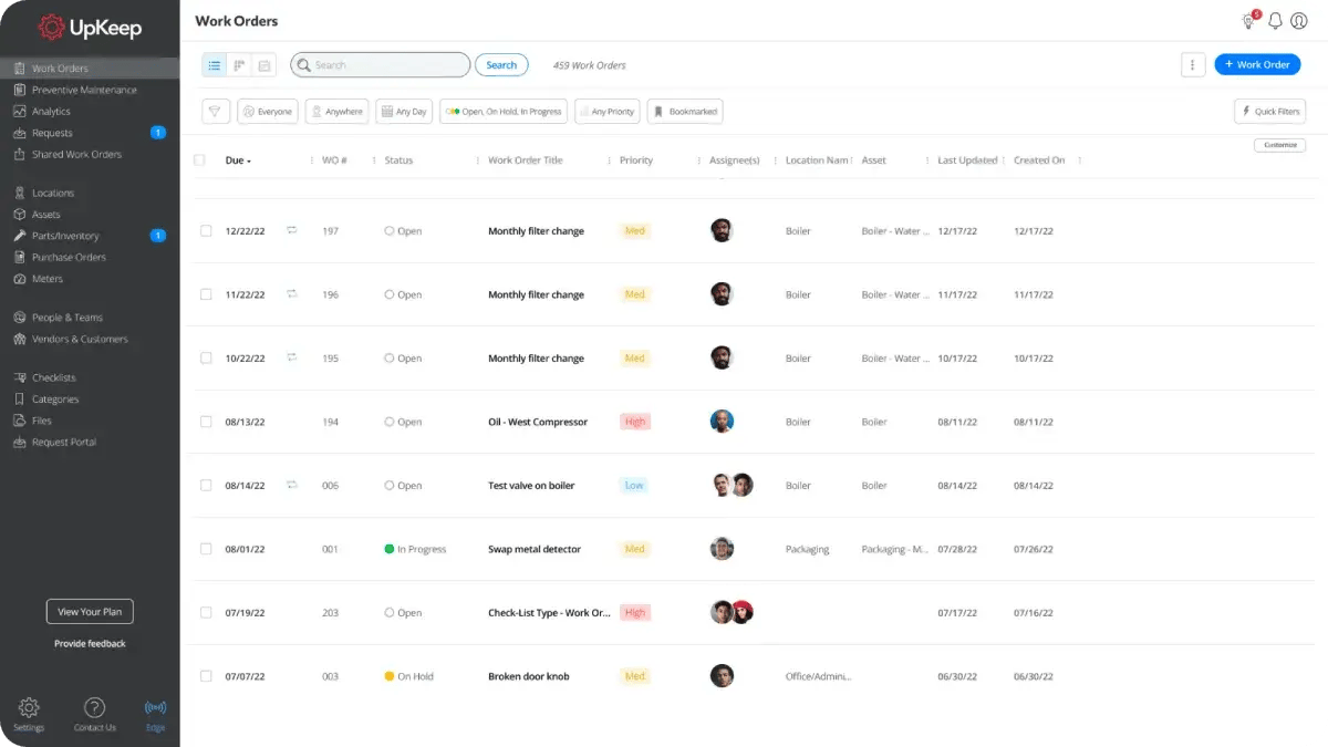 screenshot of upkeep cmms work order interface