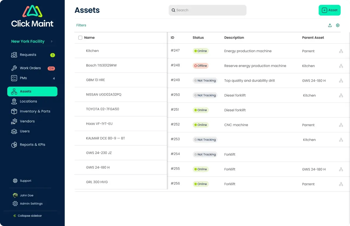 image of click maint asset management interface