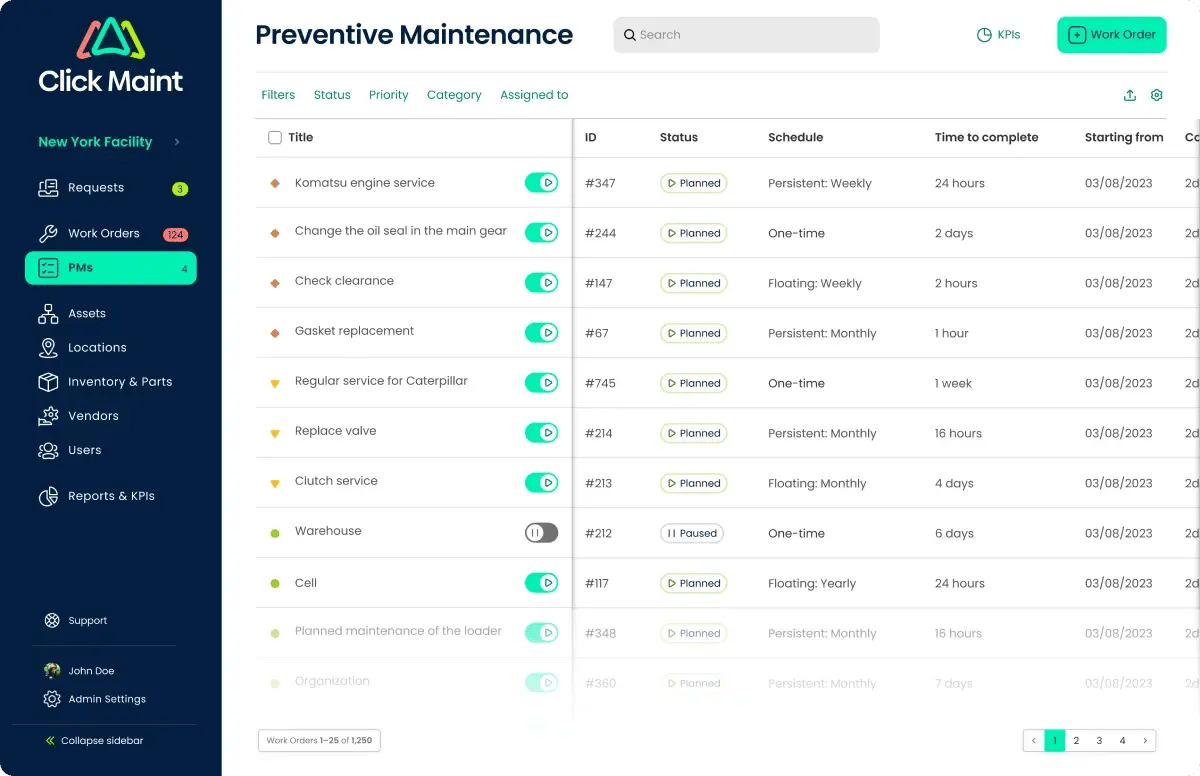 image of click maint preventive management interface